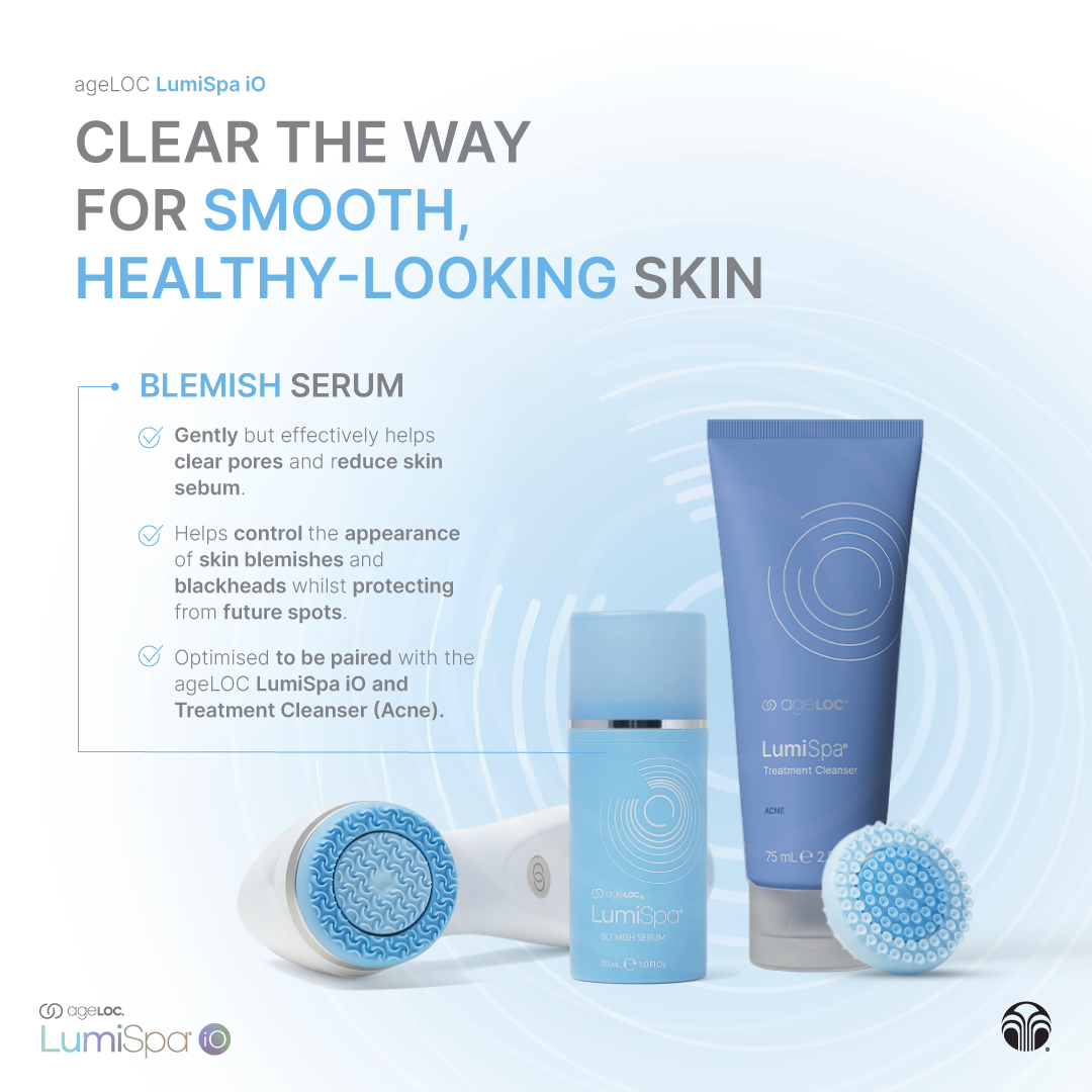Cosmetic products including a serum, cleanser, and scrub with text about clear skin on a light blue background.