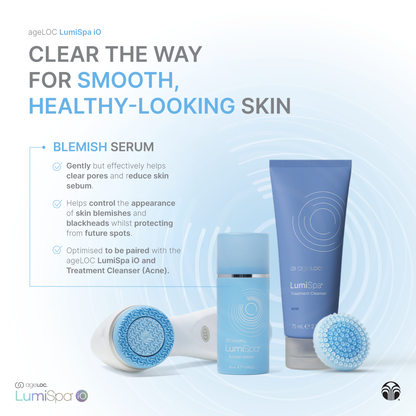Cosmetic products including a serum, cleanser, and scrub with text about clear skin on a light blue background.